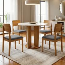 Conjunto Sala de Jantar 4 Lugares Redonda Tampo de Vidro 135cm Mesa e Cadeira Ana Marrom/Cinamomo/Off White/Linho Prata