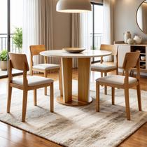 Conjunto Sala de Jantar 4 Lugares Redonda Tampo de Vidro 135cm Mesa e Cadeira Ana Marrom/Cinamomo/Off White/Veludo Palha