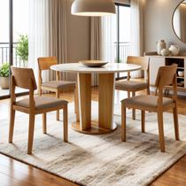 Conjunto Sala de Jantar 4 Lugares Redonda Tampo de Vidro 135cm Mesa e Cadeira Ana