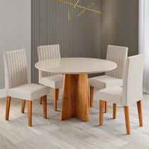 Conjunto Sala de Jantar 4 Lugares Redondo Tampo de Vidro MDF Pallas Yescasa Bege/Mel/Off White