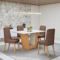 Conjunto Sala de Jantar 4 Lugares Retangular Tampo MDF Mesa Apogeu com Cadeiras Luar Marrom/Amêndoa Clean/Off White/Couro Avelâ