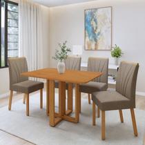 Conjunto Sala de Jantar 4 Lugares Retangular Tampo MDF Mesa Bold com Cadeiras Pés Madeira Jade Marrom Amêndoa Clean/Animale Bege