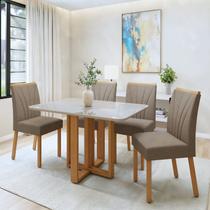 Conjunto Sala de Jantar 4 Lugares Retangular Tampo Vidro/MDF Mesa Bold e Cadeiras Pés Madeira Jade Bege/Amêndoa Clean/Off White/Animale