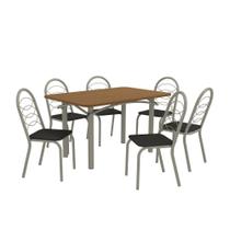 Conjunto Sala de Jantar 6 Cadeiras Mesa Tampo de Madeira Kappesberg Crome Níquel/Preto/Canela