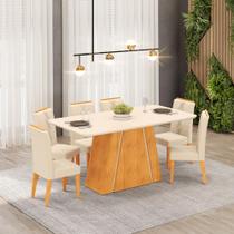 Conjunto Sala de Jantar 6 Cadeiras Tampo Curvo DJ Móveis Gabi Cedro Off Yasmin Linho Neve