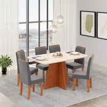 Conjunto Sala de Jantar 6 Cadeiras Tampo de Vidro DJ Móveis Siena Freijó Ayla Veludo Lunar