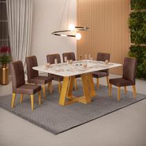 Conjunto Sala de Jantar 6 Cadeiras Tampo Sem Vidro 170x90 DJ Móveis Kiara Cedro Quartzo Yasmin Veludo Moca
