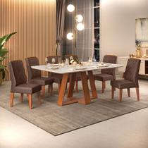 Conjunto Sala de Jantar 6 Cadeiras Tampo Sem Vidro 170x90 DJ Móveis Kiara Freijó Quartzo Lidia Veludo Moca