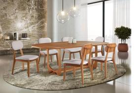 Conjunto Sala de Jantar 6 Lugares Alice Mesa e Cadeiras Organicas Madeira Maciça Linho Cinza Prata