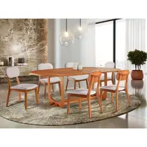 Conjunto Sala de Jantar 6 Lugares Alice Mesa e Cadeiras Organicas Madeira Maciça Linho Móveis Mundial