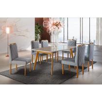 Conjunto Sala de Jantar 6 Lugares em Madeira Maciça Mesa Slim e Cadeiras em Linho Rústico Cinza Grafite Móveis Mix