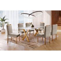 Conjunto Sala de Jantar 6 Lugares Espanha Mesa e Cadeiras Madeira Maciça Tampo Com Vidro Tecido Linho Areia Conjunto Sala de Jantar 6 Lugares Espanha Mesa e Cadeiras Madeira Maciça Tampo Com Vidro Tecido Linho Areia