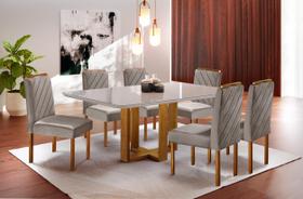 Conjunto Sala de Jantar 6 Lugares Italia Mesa e Cadeiras Madeira Maciça e Tecido Veludo Bege Escuro Conjunto Sala de Jantar 6 Lugares Italia Mesa e Cadeiras Madeira Maciça e Tecido Veludo Bege Escuro