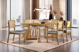 Conjunto Sala de Jantar 6 Lugares Linha Premium Mesa e Cadeiras Madeira Maciça Encosto Rattan