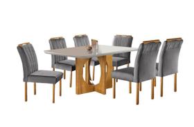 Conjunto Sala de Jantar 6 Lugares Mesa Barcelona e Cadeiras Madeira Maciça Veludo Cinza