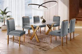 Conjunto Sala de Jantar 6 Lugares Mesa e Cadeiras Munique Madeira Maciça Veludo Cinza Profundo Conjunto Sala de Jantar 6 Lugares Mesa e Cadeiras Munique Madeira Maciça Veludo Cinza Profundo