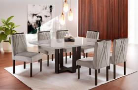 Conjunto Sala de Jantar 6 Lugares Mesa e Cadeiras Requinte Madeira Maciça Castanho e Veludo Marrom Acinzentado Conjunto Sala de Jantar 6 Lugares Mesa e Cadeiras Requinte Madeira Maciça Castanho e Veludo Marrom Acinzentado