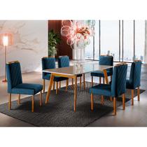 Conjunto Sala de Jantar 6 Lugares Mesa Slim e Cadeiras Veludo Azul Marinho - Móveis Mundial