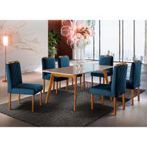 Conjunto Sala de Jantar 6 Lugares Mesa Slim e Cadeiras Veludo Azul Marinho