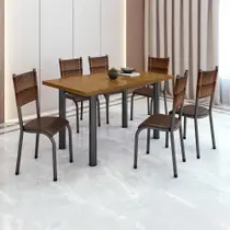 Conjunto Sala de Jantar 6 Lugares Mesa Tampo Madeira Maciça Retangular Ripado Mariana