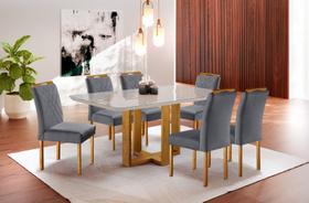 Conjunto Sala de Jantar 6 Lugares Rebeca Mesa 1.60x0.90 e Cadeiras Madeira Maciça Veludo Cinza