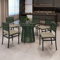 Conjunto Sala de Jantar 6 Lugares Redonda Tampo de Vidro 120cm Mesa Valência com Cadeiras Barcelona