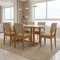 Conjunto Sala de Jantar 6 Lugares Retangular com Tampo de Vidro Mesa Filadélfia Cadeiras Miami Laranja/Cerejeira/Palha