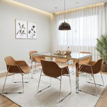 Conjunto Sala de Jantar 6 Lugares Retangular Tampo de Vidro 160x85cm Mesa Smart com Cadeiras Lodelô Branco/Serragem/Cromado Conjunto Sala de Jantar 6 Lugares Retangular Tampo de Vidro 160x85cm Mesa Smart com Cadeiras Lodelô Branco/Serragem/Cromado