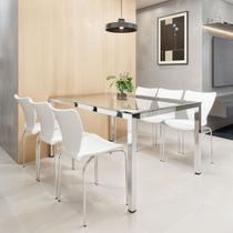 Conjunto Sala de Jantar 6 Lugares Retangular Tampo de Vidro 160x85cm Mesa Smart com Cadeiras Mono Branco Conjunto Sala de Jantar 6 Lugares Retangular Tampo de Vidro 160x85cm Mesa Smart com Cadeiras Mono Branco