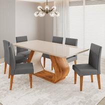 Conjunto Sala de Jantar 6 Lugares Retangular Tampo de Vidro e MDF Ricca Yescasa Cinza/Mel/Off White Conjunto Sala de Jantar 6 Lugares Retangular Tampo de Vidro e MDF Ricca Yescasa Cinza/Mel/Off White