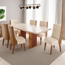 Conjunto Sala de Jantar 6 Lugares Retangular Tampo de Vidro/Mdf Dubai Mel/Off White/Linho Bronze - Casa Giulia Conjunto Sala de Jantar 6 Lugares Retangular Tampo de Vidro/Mdf Dubai Mel/Off White/Linho Bronze - Casa Giulia