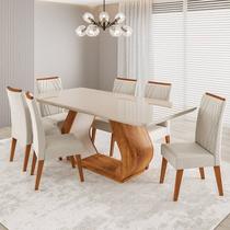 Conjunto Sala de Jantar 6 Lugares Retangular Tampo em Vidro e MDF Saron Yescasa Bege/Mel/Off White