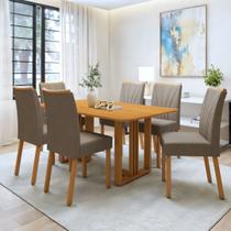 Conjunto Sala de Jantar 6 Lugares Retangular Tampo MDF Mesa Bold com Cadeiras Pés Madeira Jade Marrom/Amêndoa Clean/Animale Bege