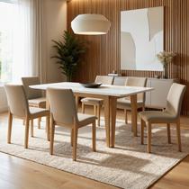 Conjunto Sala de Jantar 6 Lugares Retangular Tampo Vidro Base Madeira Maciça Mesa e Cadeiras Bella Conjunto Sala de Jantar 6 Lugares Retangular Tampo Vidro Base Madeira Maciça Mesa e Cadeiras Bella