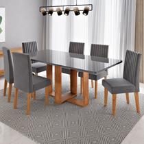 Conjunto Sala de Jantar 6 Lugares Retangular Tampo Vidro e MDF Victoria Cinza/Mel Conjunto Sala de Jantar 6 Lugares Retangular Tampo Vidro e MDF Victoria Cinza/Mel