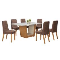 Conjunto Sala de Jantar 6 Lugares Retangular Tampo Vidro/MDF Mesa Apogeu com Cadeiras Luar Marrom/Off White/Amêndoa Clean/Couro Avelâ