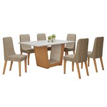 Conjunto Sala de Jantar 6 Lugares Retangular Tampo Vidro/MDF Mesa Apogeu com Cadeiras Luar Marrom/Off White/Amêndoa Clean/Linho Rinzai Bege