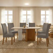 Conjunto Sala de Jantar 6 Lugares Retangular Tampo Vidro/MDF Mesa Astrid com Cadeiras Apogeu Bege/Amêndoa Clean/Off White/Marrom Claro
