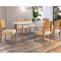 Conjunto Sala de Jantar 6 Lugares Tampo Vidro/MDF 160cm Madeira Maciça Mesa e Cadeiras Versales Cinamomo/Off White