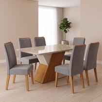 Conjunto Sala de Jantar 6 Lugares Vidro Rubi e 6 Cadeiras Madeira Maciça Vegas Bege/Cinza Yescasa