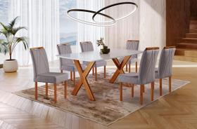 Conjunto Sala de Jantar 6 Lugares Vitória 1.60m Mesa e Cadeiras Madeira Maciça Suede Cinza