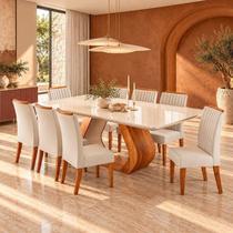 Conjunto Sala de Jantar 8 Lugares Retangular Tampo em Vidro e MDF Mazara Yescasa Bege/Mel/Off White - Viero