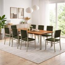 Conjunto Sala de Jantar 8 Lugares Retangular Tampo Madeira Maciça Mesa Athenas com Cadeiras Veneza