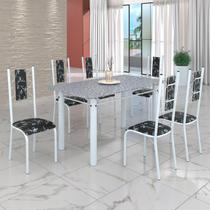 Conjunto Sala de Jantar Bahia Mesa Tubo 140x75cm Tampo Pedra Granito com 6 Cadeiras Preto Floral/Branco - Móveis Teixeira