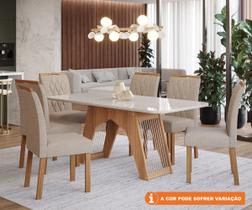 Conjunto Sala De Jantar Carol 180X90 Tampo MDF/Vidro 6 Cadeiras Juliana Cimol Nature/Offwhite/Madeira/Linho Bege