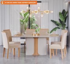 Conjunto Sala de Jantar Charlote 180X90 Tampo MDF/Vidro 6 Cadeiras Fernanda Cimol Off White/Nature/Madeira/Nude