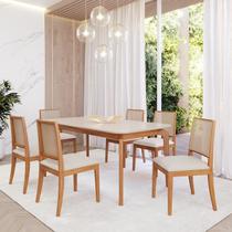 Conjunto Sala de Jantar com Mesa Ficus 180 com Vidro e 6 Cadeiras Buriti Marrom/Madeira/Offwhite