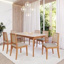 Conjunto Sala de Jantar com Mesa Ficus 180 com Vidro e 6 Cadeiras Buriti Marrom/Madeira/Offwhite/Cinza