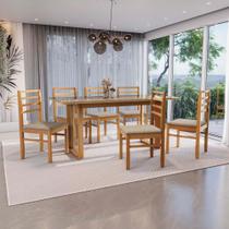 Conjunto Sala de Jantar Elisa em Madeira Maciça 6 Cadeiras Linho Fendi