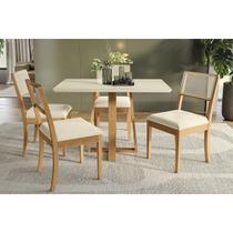 Conjunto Sala de Jantar Elma Premium Madeira Maciça c/ Tampo Madeirado c/ Vidro 120x80cm e 4 Cadeiras Lola Carvalho/Off White - Linho Bege Argila-Kapp